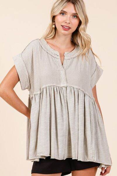 Mittoshop Mixed Media Mineral Wash Babydoll Short Sleeve Blouse - Shop Style & More | Fresh Looks, Everyday Deals & Free Shipping