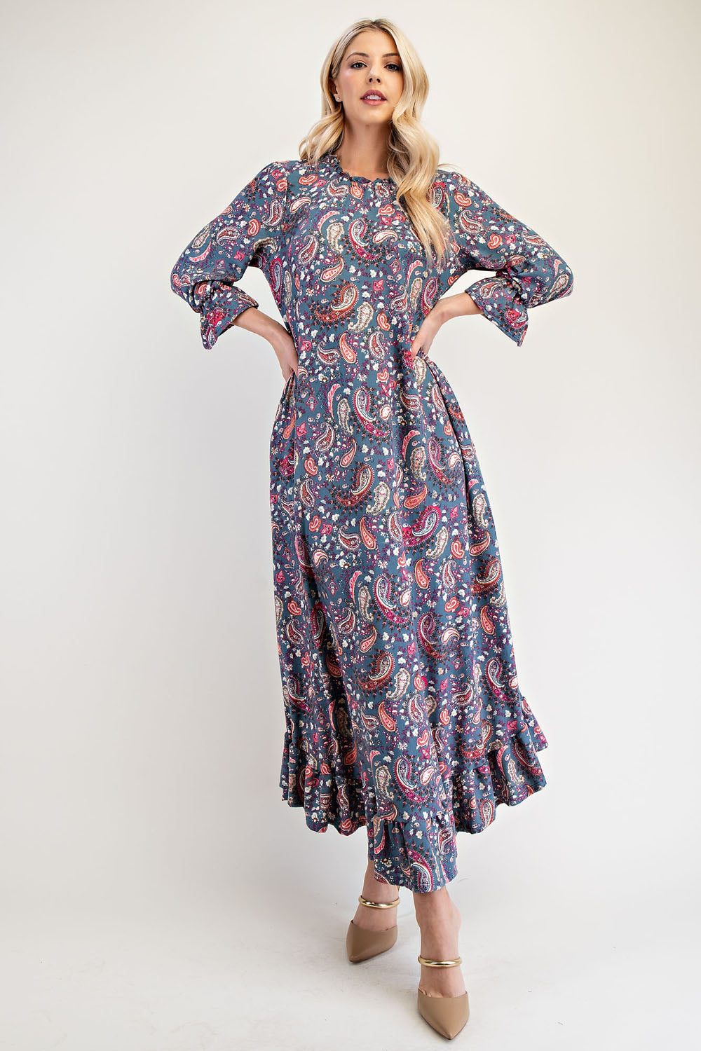 Celeste Full Size Ruffle Hem Paisley Round Neck Dress Navy Paisley Casual Dresses