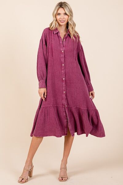 Mittoshop Mineral Wash Cotton Gauze Ruffle Midi Shirt Dress Casual Dresses