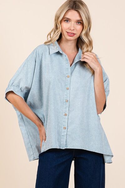 Mittoshop Washed Striped Button Down Shirt Blouses