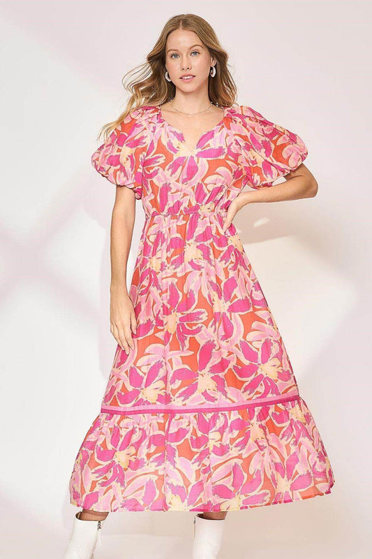 Umgee Floral Notched Puff Sleeve Midi Dress - Shop Style & More | Fresh Looks, Everyday Deals & Free Shipping