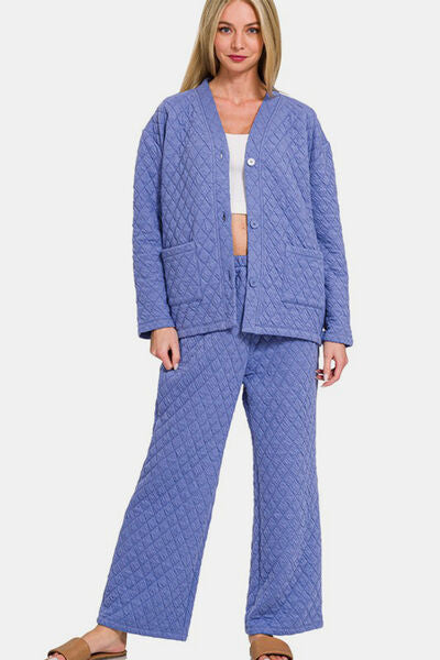 Zenana Quilted Button Up Long Sleeve Top and Pants Lounge Set Blue Purple Lounge Set