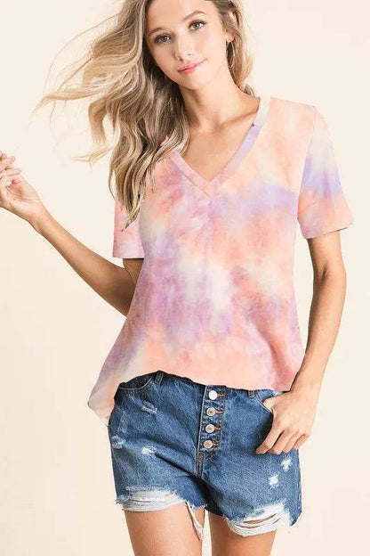 BiBi Tie Dye French Terry V Neck Top - Shop Style & More | Fresh Looks, Everyday Deals & Free Shipping