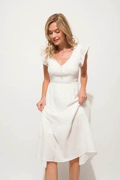 And The Why Ruffle Sleeve Front Smocked Tiered Midi Dress - Shop Style & More | Fresh Looks, Everyday Deals & Free Shipping