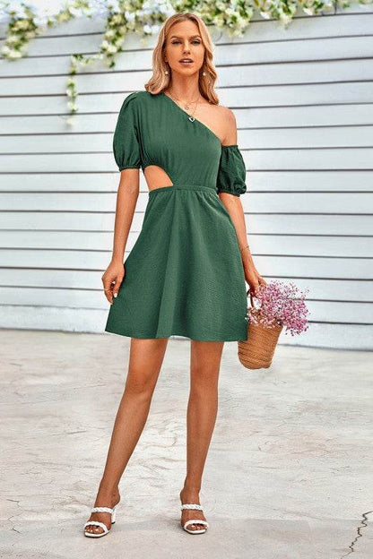 One Shoulder Puff Sleeve Fit Flare Short Dress - Shop Style & More | Fresh Looks, Everyday Deals & Free Shipping