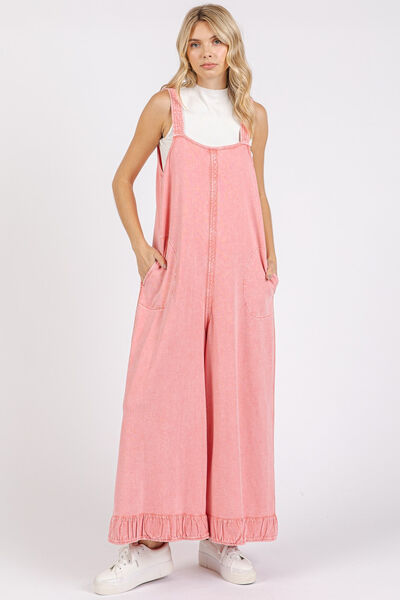 Mittoshop Ruffled Hem Wide Leg Overalls with Pockets Watermelon pink Jumpsuits