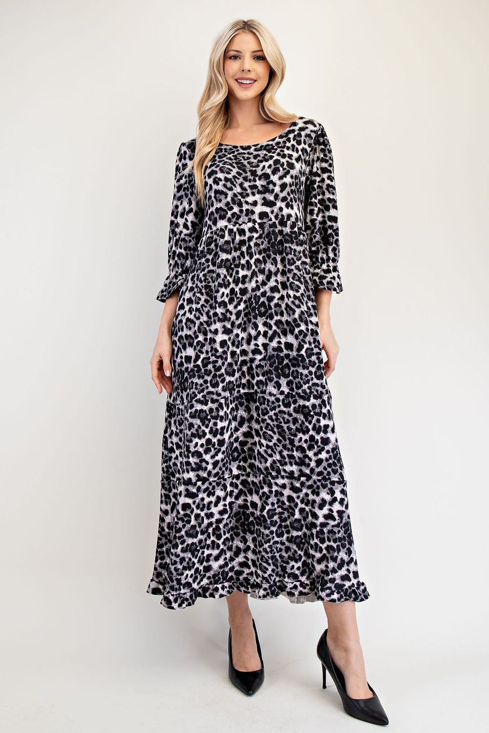 Celeste Full Size Leopard Round Neck Flounce Sleeve Dress Casual Dresses