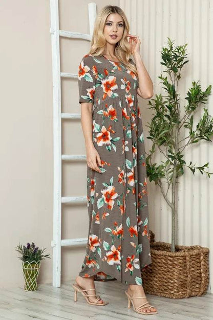 BOMBOM Floral Round Neck Short Sleeve Maxi Tee Dress - Shop Style & More | Fresh Looks, Everyday Deals & Free Shipping