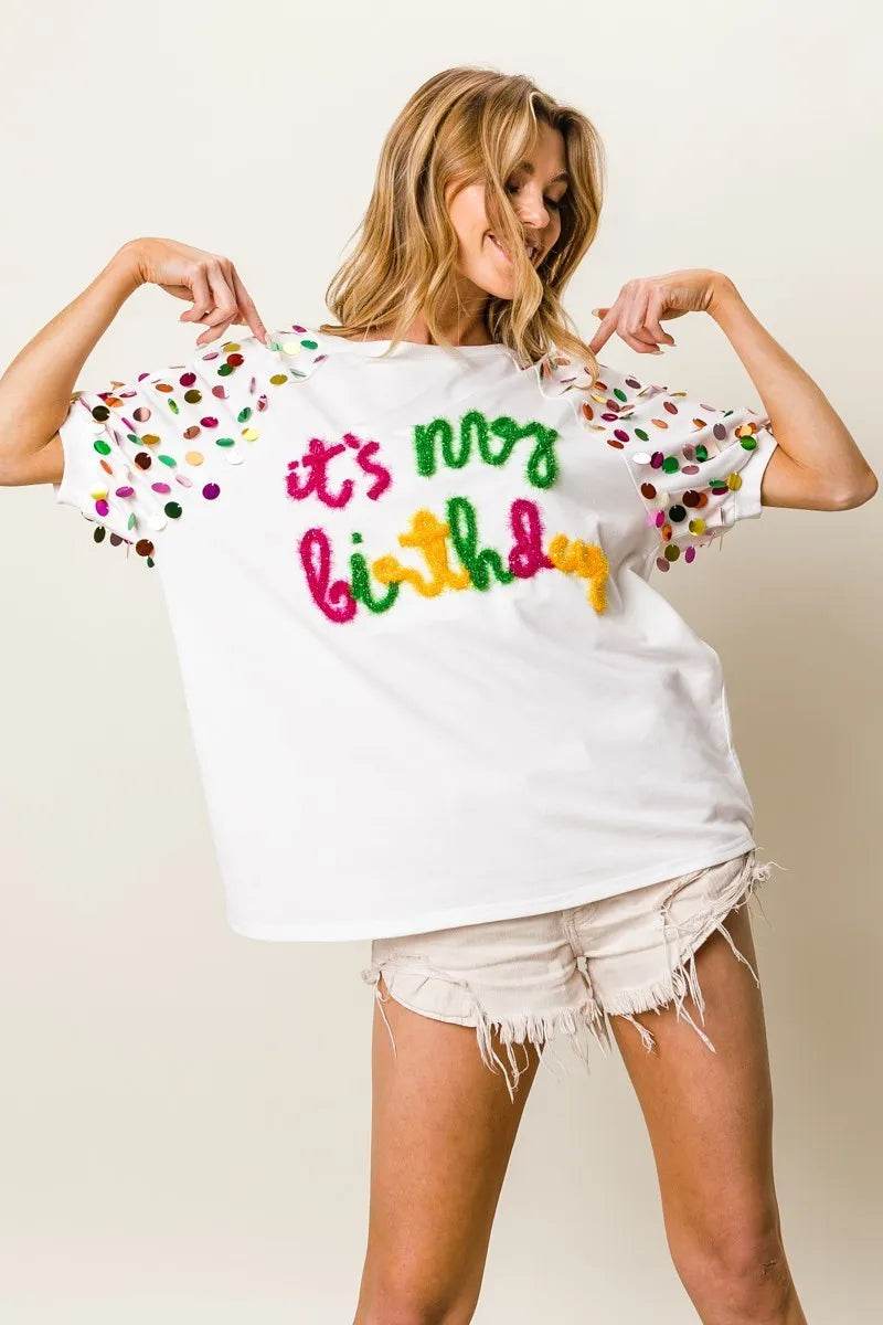 BiBi Metallic Letter Spangle Raglan Puff Sleeve Top - Shop Style & More | Fresh Looks, Everyday Deals & Free Shipping