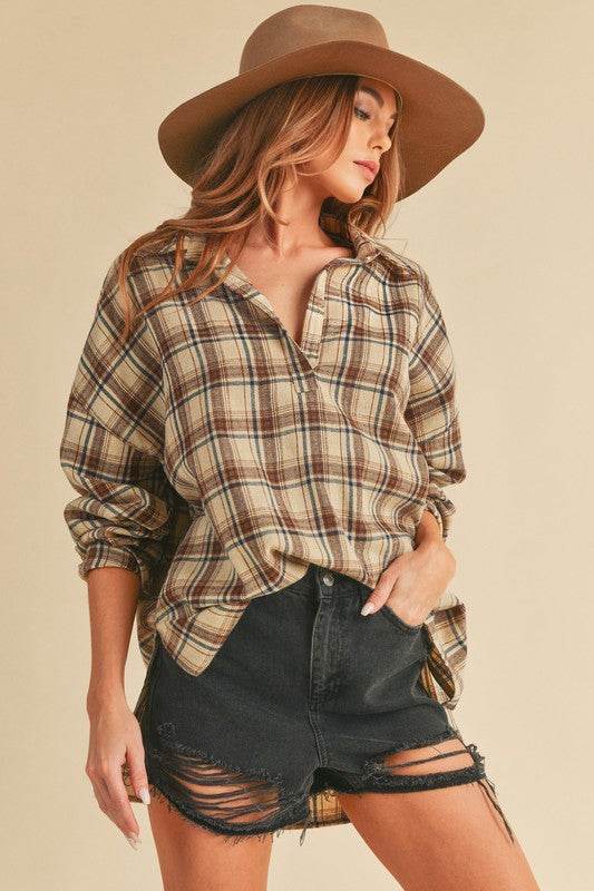 Aemi + Co Side Slit High-Low Plaid Long Sleeve Polo Shirt - Shop Style & More | Fresh Looks, Everyday Deals & Free Shipping