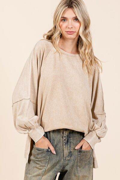 Mittoshop Mineral Wash Raglan Long Sleeve Oversized Top Tan Hoodies & Sweaters