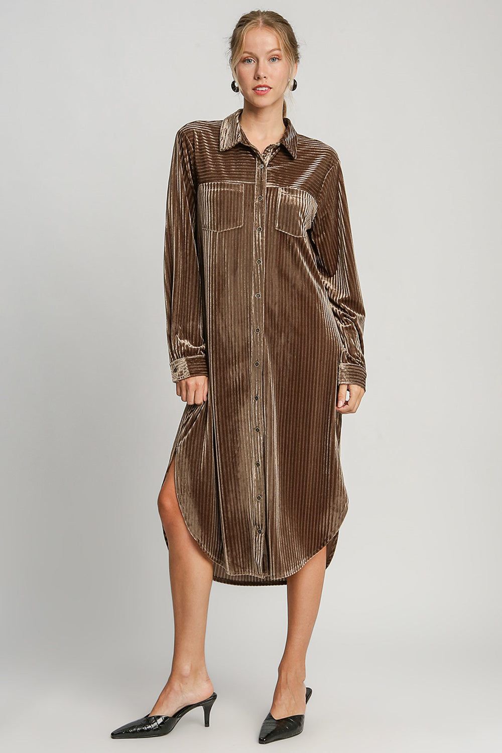 Umgee Button Down Shirt Dress with Texture and Curved Hem Casual Dresses