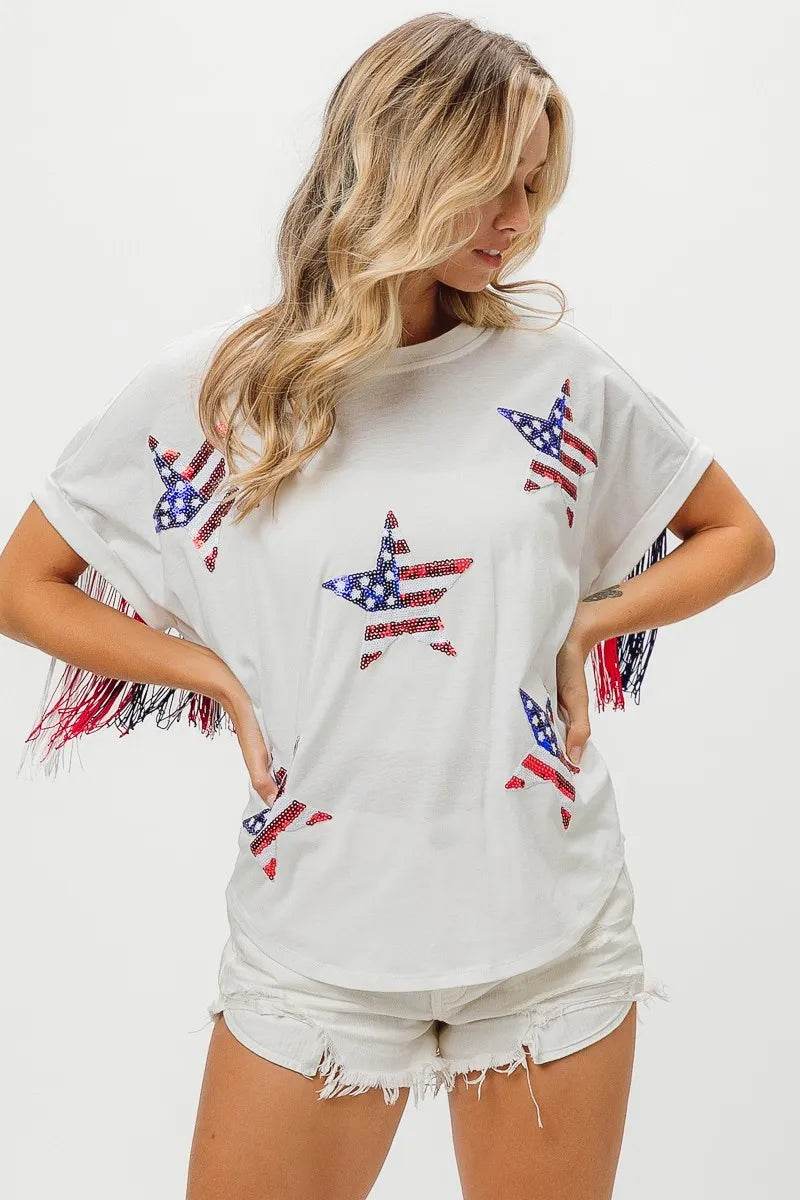 BiBi American Flag Sequin Star Fringe Top - Shop Style & More | Fresh Looks, Everyday Deals & Free Shipping