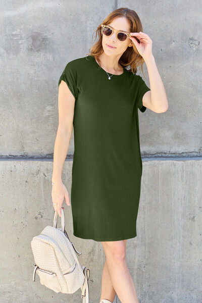 Basic Bae Full Size Round Neck Short Sleeve Dress with Pockets Matcha Green Casual Dresses