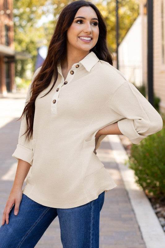 Arianna Waffle Half Button Top - Shop Style & More | Fresh Looks, Everyday Deals & Free Shipping