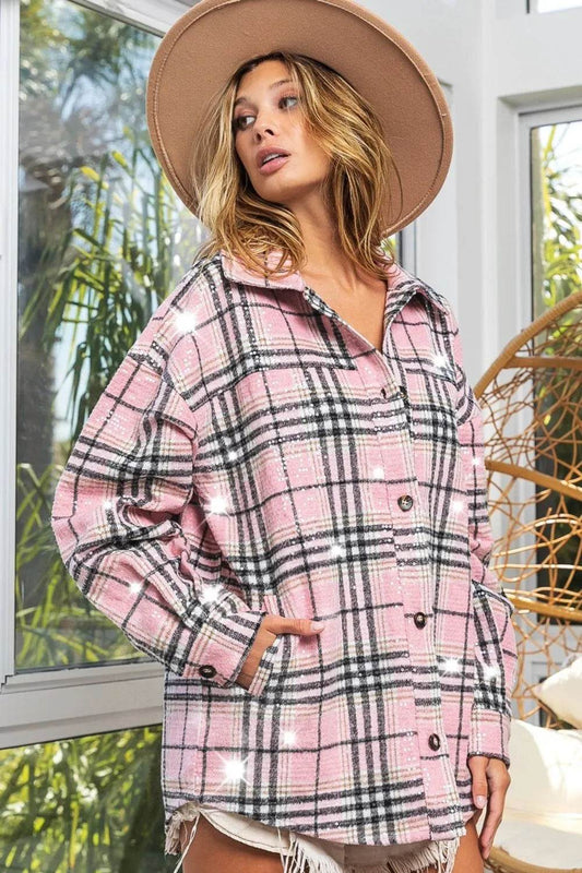 BiBi Allover Clear Sequins Vintage Plaid Jacket - Shop Style & More | Fresh Looks, Everyday Deals & Free Shipping