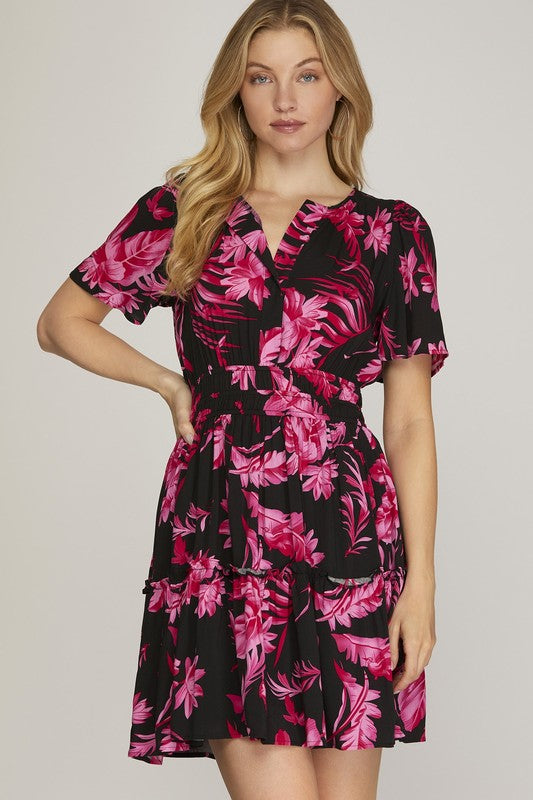 She + Sky Full Size Printed Notched Short Sleeve Frill Tiered Dress Plus Size Black Casual Dresses