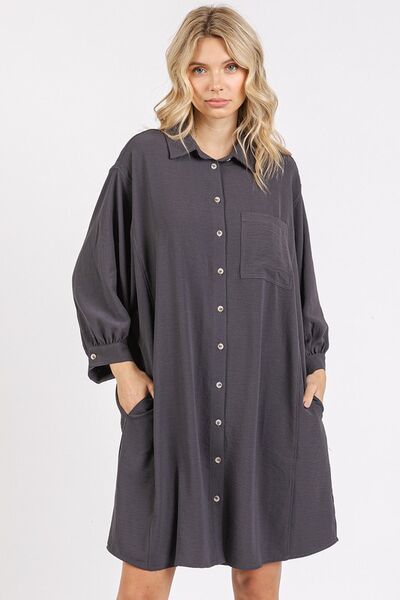 Mittoshop Airflow 3/4 Sleeve Buttoned Shirt Mini Dress CHARCOAL Casual Dresses