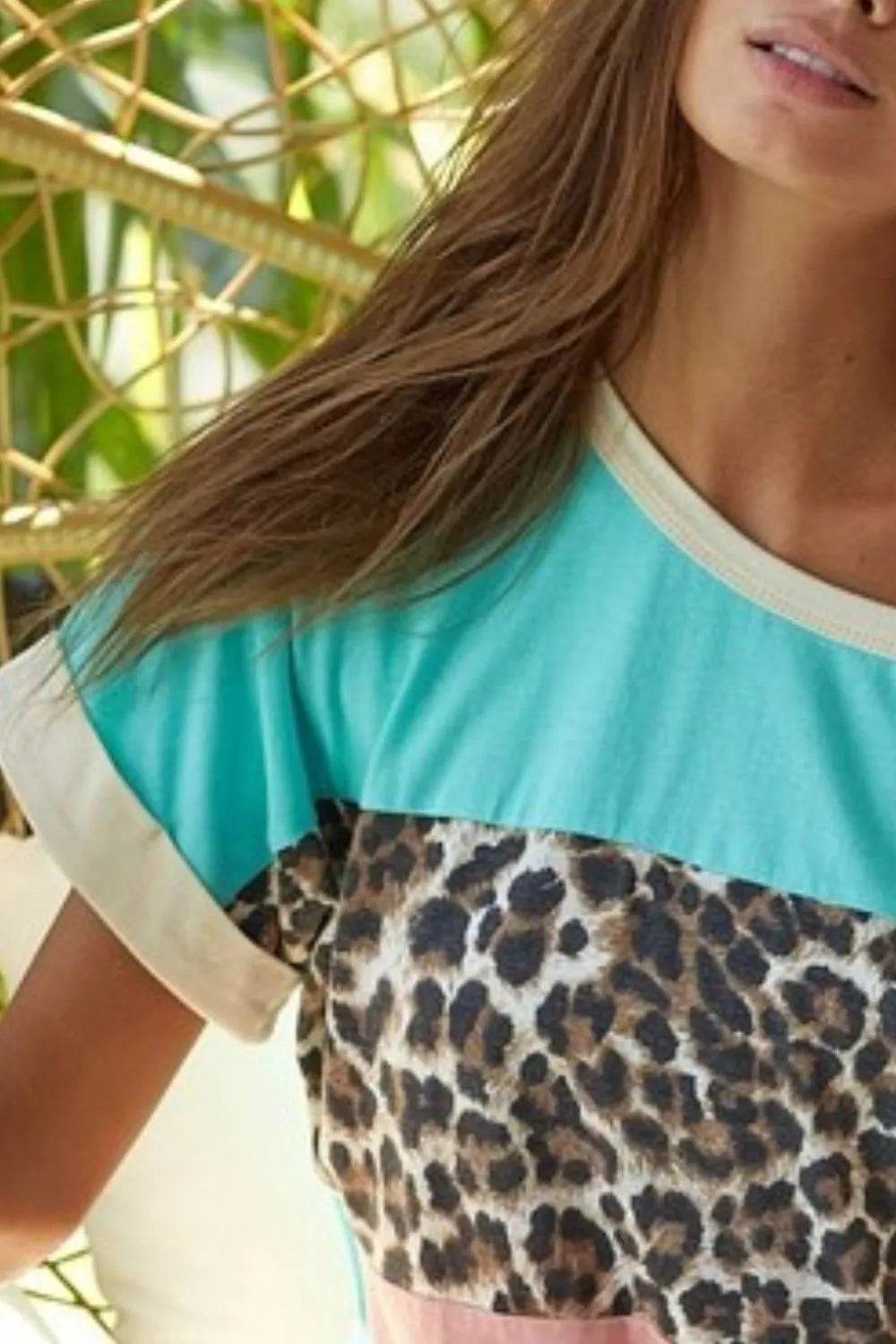 BiBi Leopard Printed Jersey Color Block Roll Up Top - Shop Style & More | Fresh Looks, Everyday Deals & Free Shipping