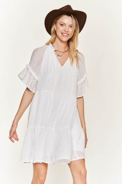 Ruffled neck tiered mini dress JBJ1054A - Shop Style & More | Fresh Looks, Everyday Deals & Free Shipping