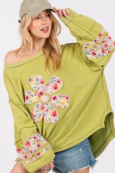 SAGE + FIG Daisy Patch Applique Long Sleeve Sweatshirt Yellow-Green Hoodies & Sweaters