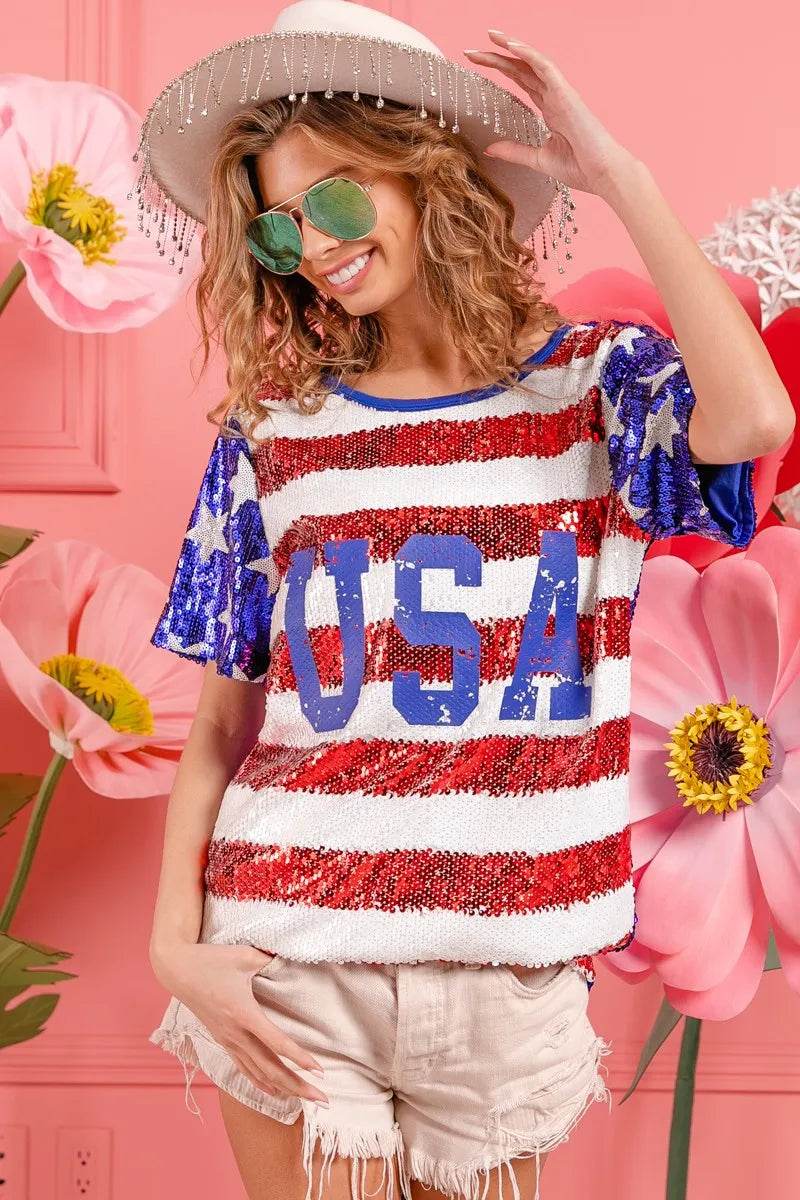 BiBi American Flag Theme USA Lettering Sequin Top - Shop Style & More | Fresh Looks, Everyday Deals & Free Shipping