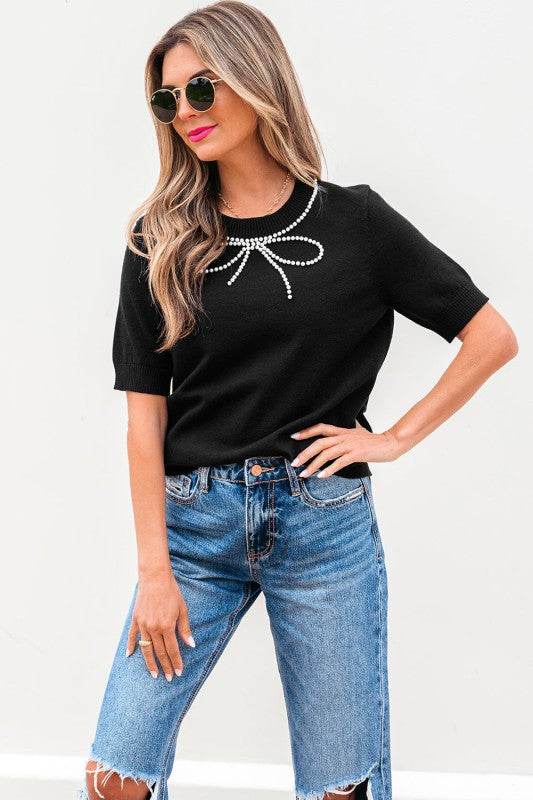 Bria Pearl Bow Short Sleeve Knitted Top - Shop Style & More | Fresh Looks, Everyday Deals & Free Shipping