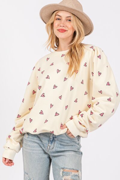 SAGE + FIG Heart Printed Contrast Long Sleeve Sweatshirt Cream Hoodies & Sweaters