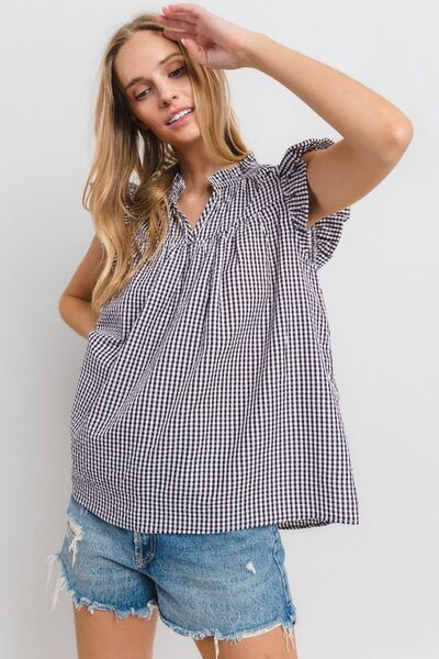 Ces Femme Plaid Notched Ruffled Cap Sleeve Blouse Blouses