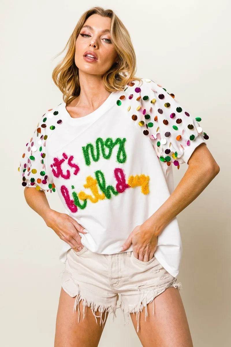 BiBi Metallic Letter Spangle Raglan Puff Sleeve Top - Shop Style & More | Fresh Looks, Everyday Deals & Free Shipping