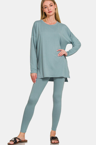 Zenana Full Size Brushed Microfiber Top and Leggings Lounge Set Blue Grey Lounge Set