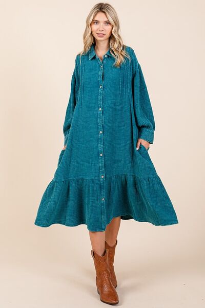 Mittoshop Mineral Wash Cotton Gauze Ruffle Midi Shirt Dress Casual Dresses