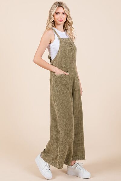 Mittoshop Textured Wide Leg Overalls - Olive Jumpsuits
