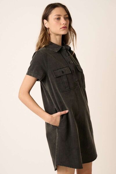 Mittoshop Button Detail Collared Neck Short Sleeve Shirt Dress Casual Dresses