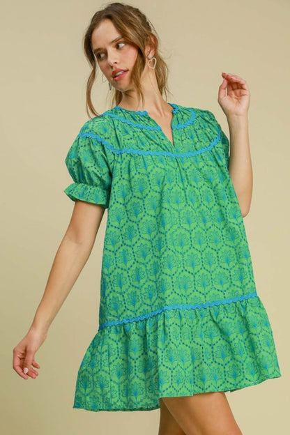 Umgee Full Size Eyelet Mini Dress With Ric Rac Trim Plus Size Green Casual Dresses