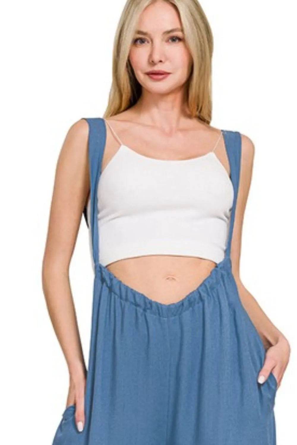 Zenana Woven Tie Back Suspender Jumpsuit - Shop Style & More | Fresh Looks, Everyday Deals & Free Shipping