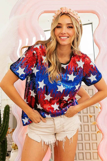 BiBi American Theme Star Pattern Sequin Top - Shop Style & More | Fresh Looks, Everyday Deals & Free Shipping