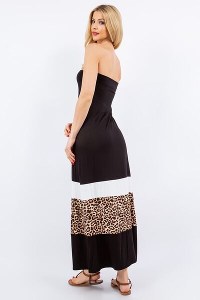 Celeste Full Size Leopard Color Block Tube Maxi Dress Plus Size Casual Dresses