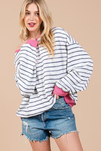 Ces Femme Striped Round Neck Drop Shoulder Sweatshirt Black Hoodies & Sweaters