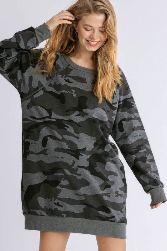 Umgee Full Size Camo Print Ribbed Hem French Terry Mini Dress Plus Size - Shop Style & More | Fresh Looks, Everyday Deals & Free Shipping