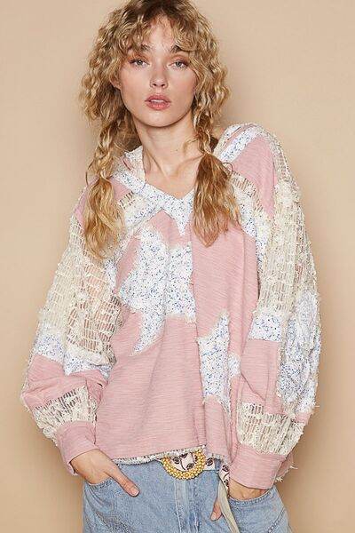 POL Star Patch Lace Long Sleeve Hooded Top - Shop Style & More | Fresh Looks, Everyday Deals & Free Shipping