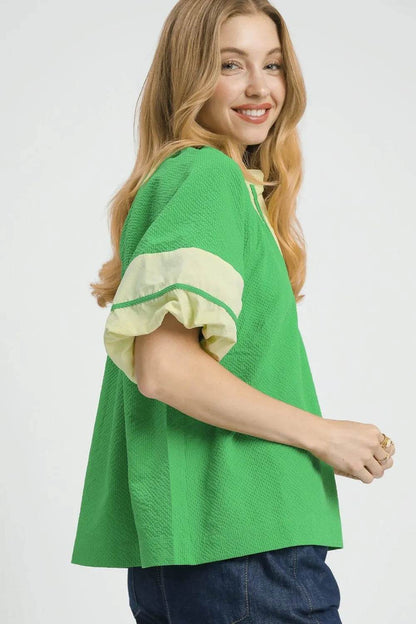 Umgee Contrast Trim Notched Puff Sleeve Blouse - Shop Style & More | Fresh Looks, Everyday Deals & Free Shipping
