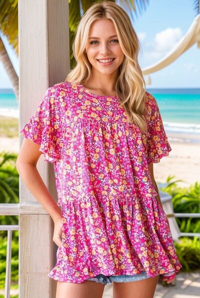 Heimish Full Size Ruffled Short Sleeve Floral Tiered Blouse Plus Size Blouses