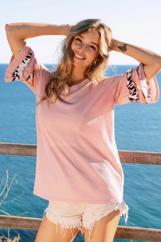 BiBi Leopard Print Contrast Tiered Sleeves Thermal Top - Shop Style & More | Fresh Looks, Everyday Deals & Free Shipping