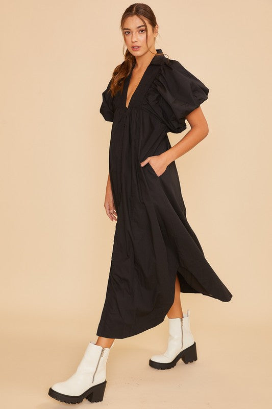 Annie Wear Smocked Puff Sleeve Midi Dress Black Casual Dresses