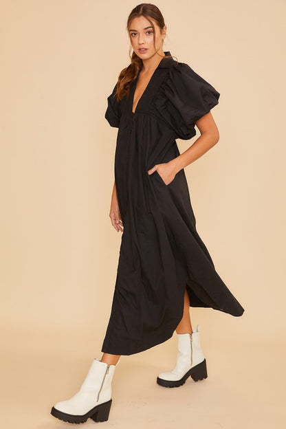 Annie Wear Smocked Puff Sleeve Midi Dress Black Casual Dresses