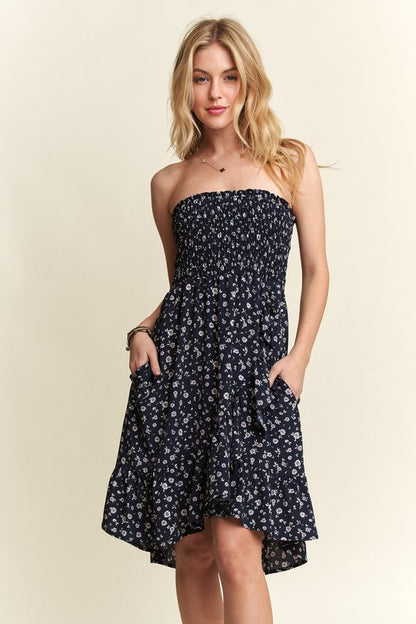 ADORA Smocked Floral Tube Dress with Pockets Navy Casual Dresses