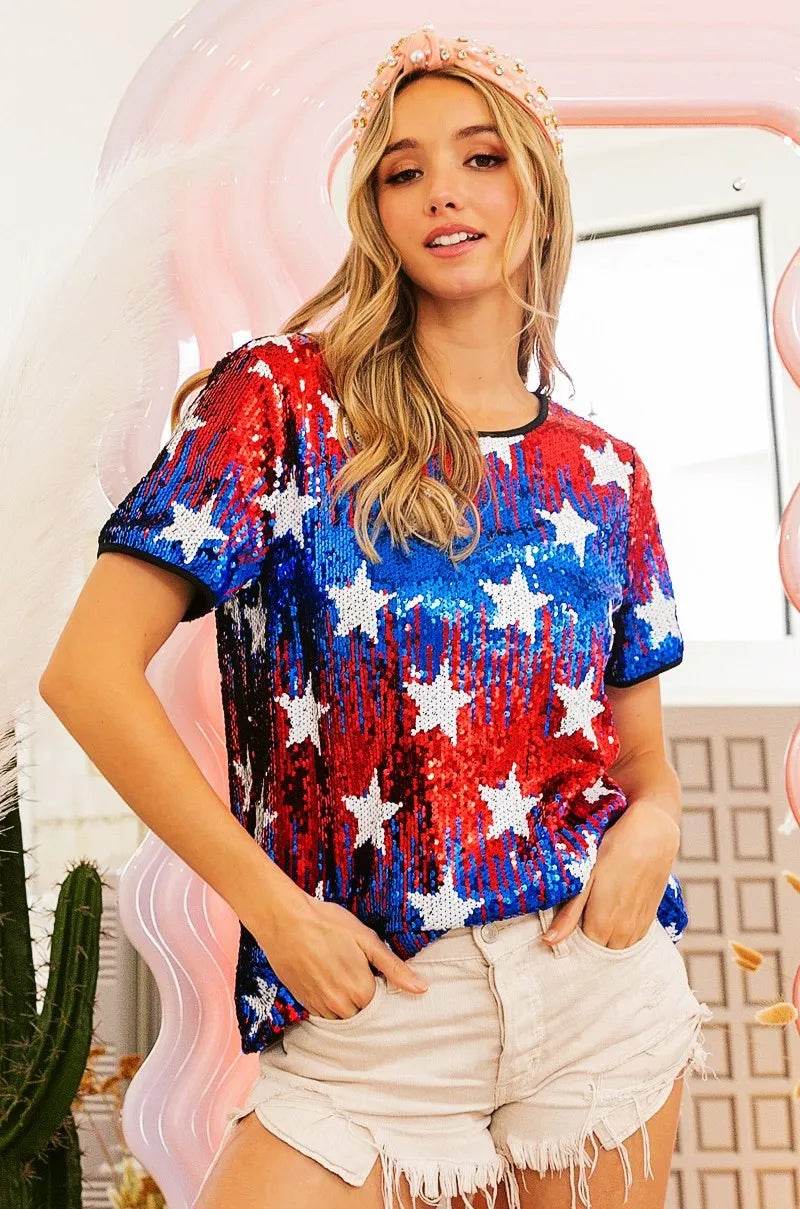 BiBi American Theme Star Pattern Sequin Top - Shop Style & More | Fresh Looks, Everyday Deals & Free Shipping