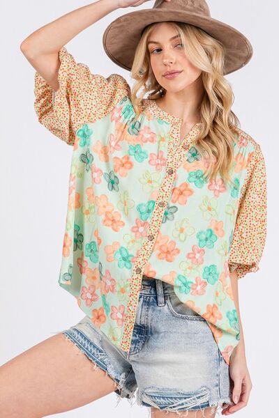 SAGE+FIG Button Down Bubble Sleeves Shirt Light Green Blouses