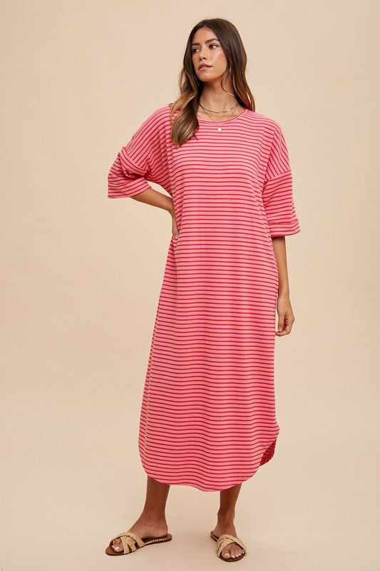 Annie Wear Striped Round Neck Terry Midi Dress Casual Dresses